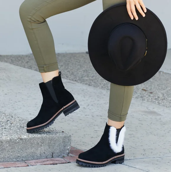 Warmer Days Faux Fur Trim Chelsea Booties in Black - Picture 3 of 5